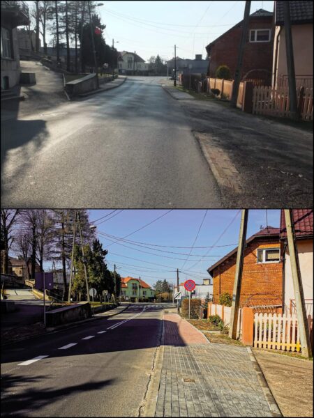 Na zdjęciu widać porównanie ulicy Mroczka przed i po wykonaniu chodników