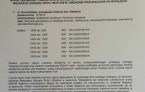 Wykaz obejmujący gminne lokale użytkowe będące w trwałym zarządzie Miejskiego Zarządu Dróg i Mostów w Jaworznie przeznaczone do wynajęcia